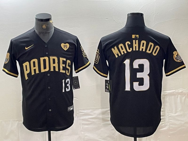 Men San Diego Padres 13 Machado Black gold 5 th generation Nike 2024 MLB Jersey style 1